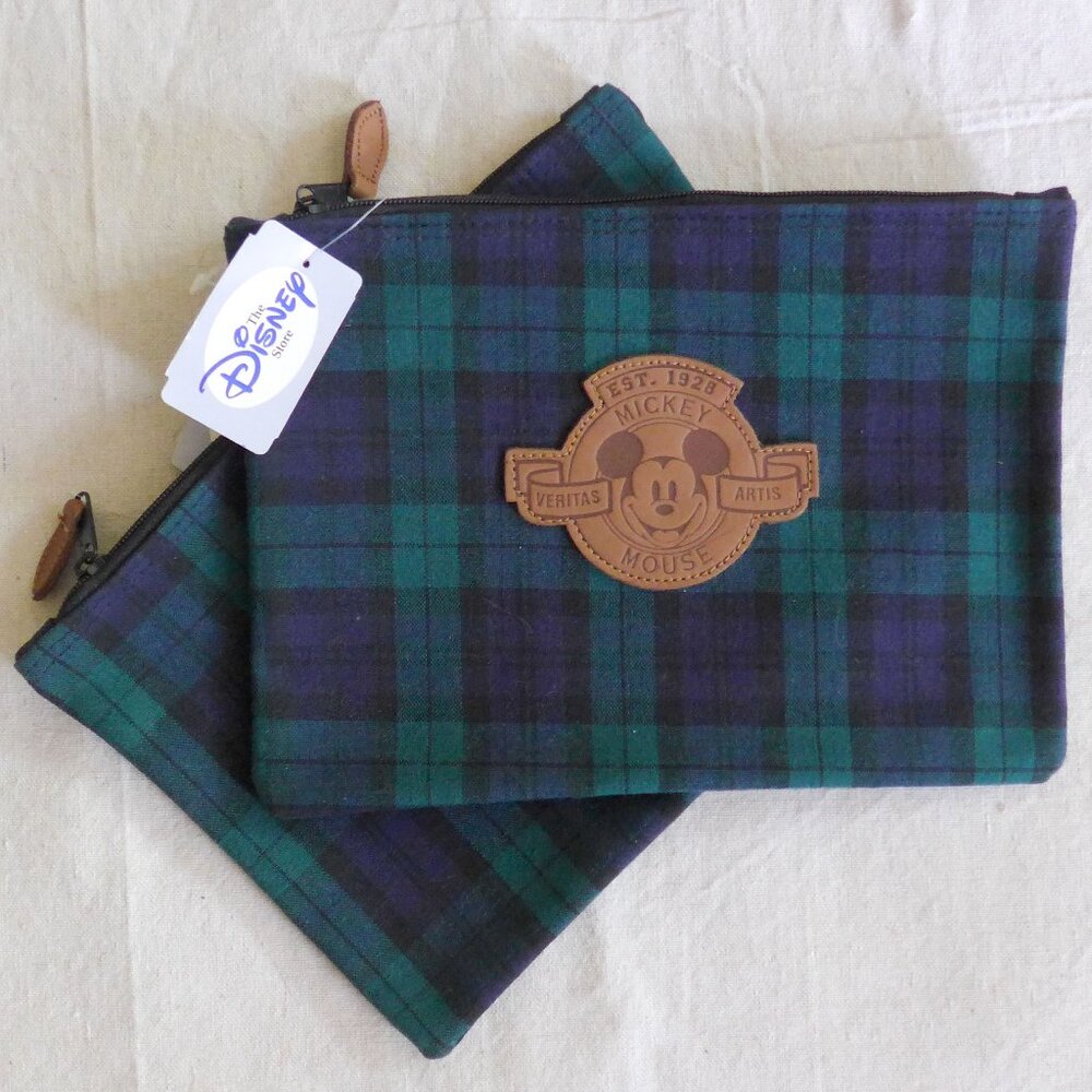 NWT Vintage Set of Two Mickey Mouse Plaid Cotton Zippered Pouch